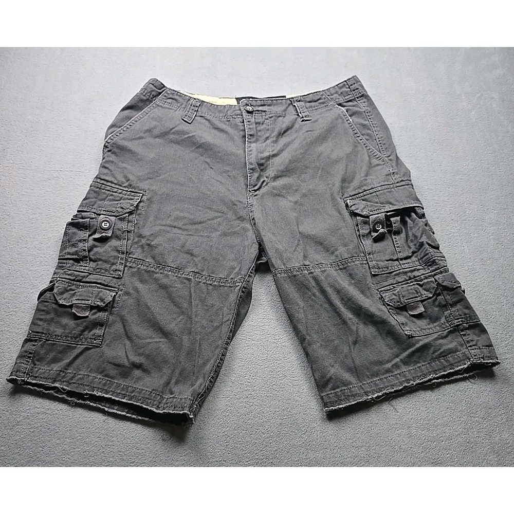 Carbon Mens Cargo Shorts Size 34 Faded Black Distressed Raw Hem‎ Cotton Twill